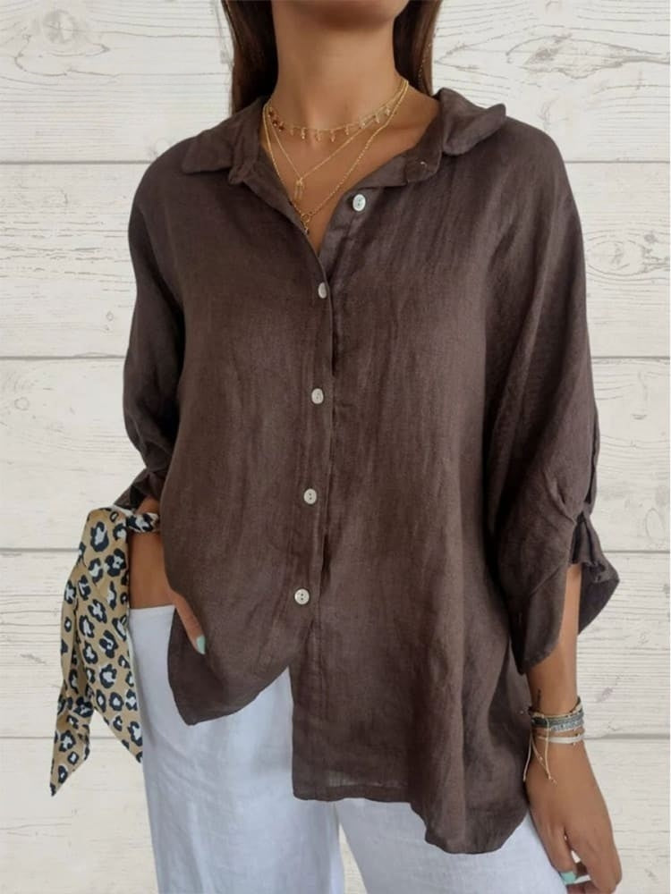 Chemise femme boutonnée à col classique, neuf coloris, brun