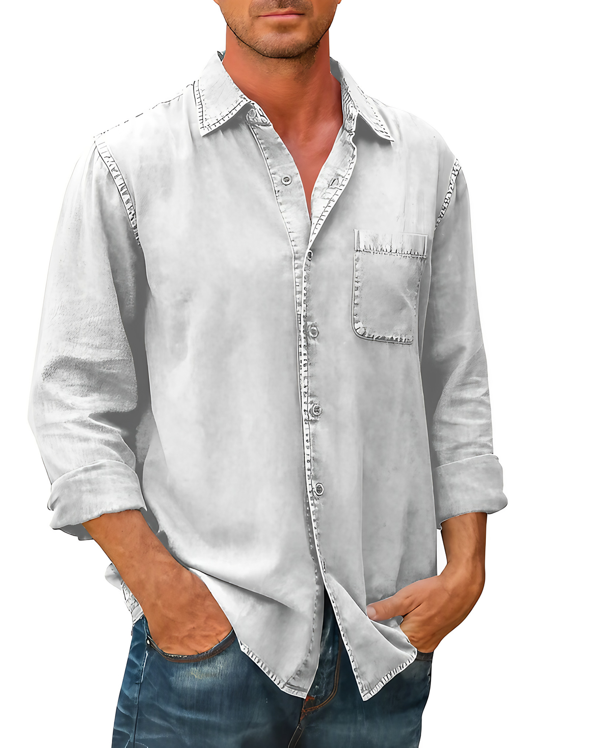 Chemise en jean homme à manches longues, col pointu, du S au 5XL, blanc