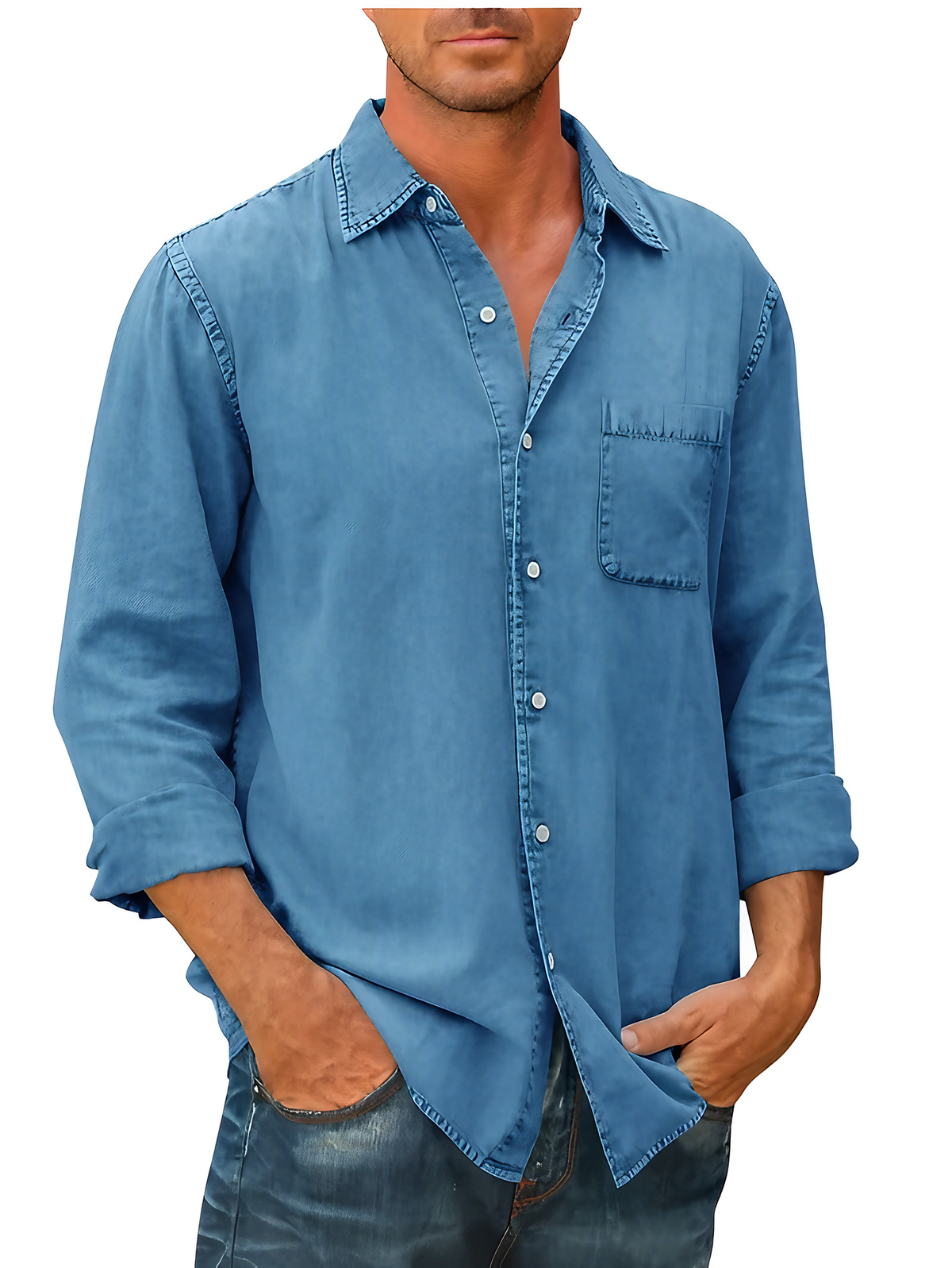 Chemise en jean homme à manches longues, col pointu, du S au 5XL, bleu clair