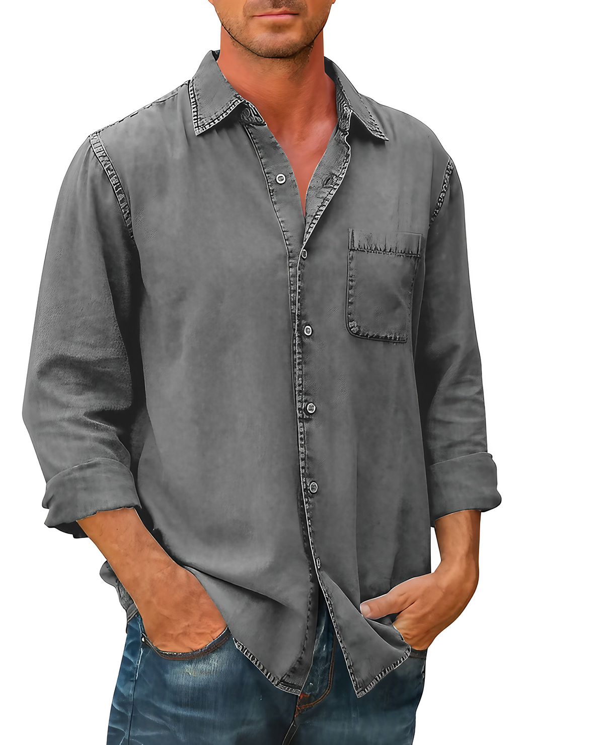 Chemise en jean homme à manches longues, col pointu, du S au 5XL, gris