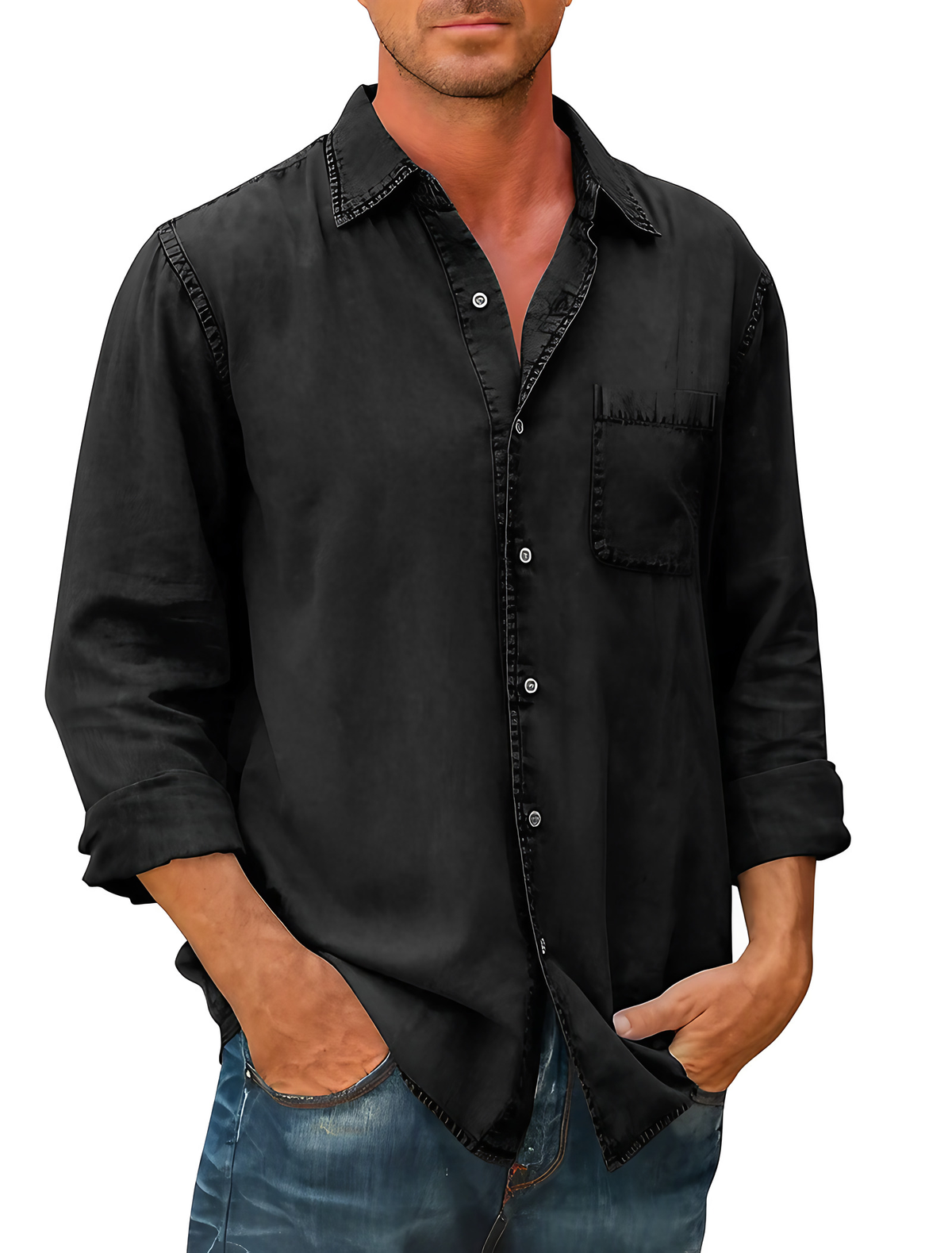 Chemise en jean homme à manches longues, col pointu, du S au 5XL, noir