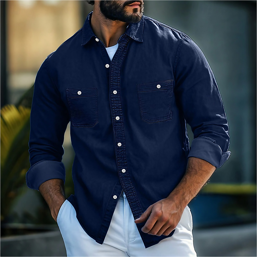 Chemise en jean homme à poches poitrine, quatre coloris, bleu foncé