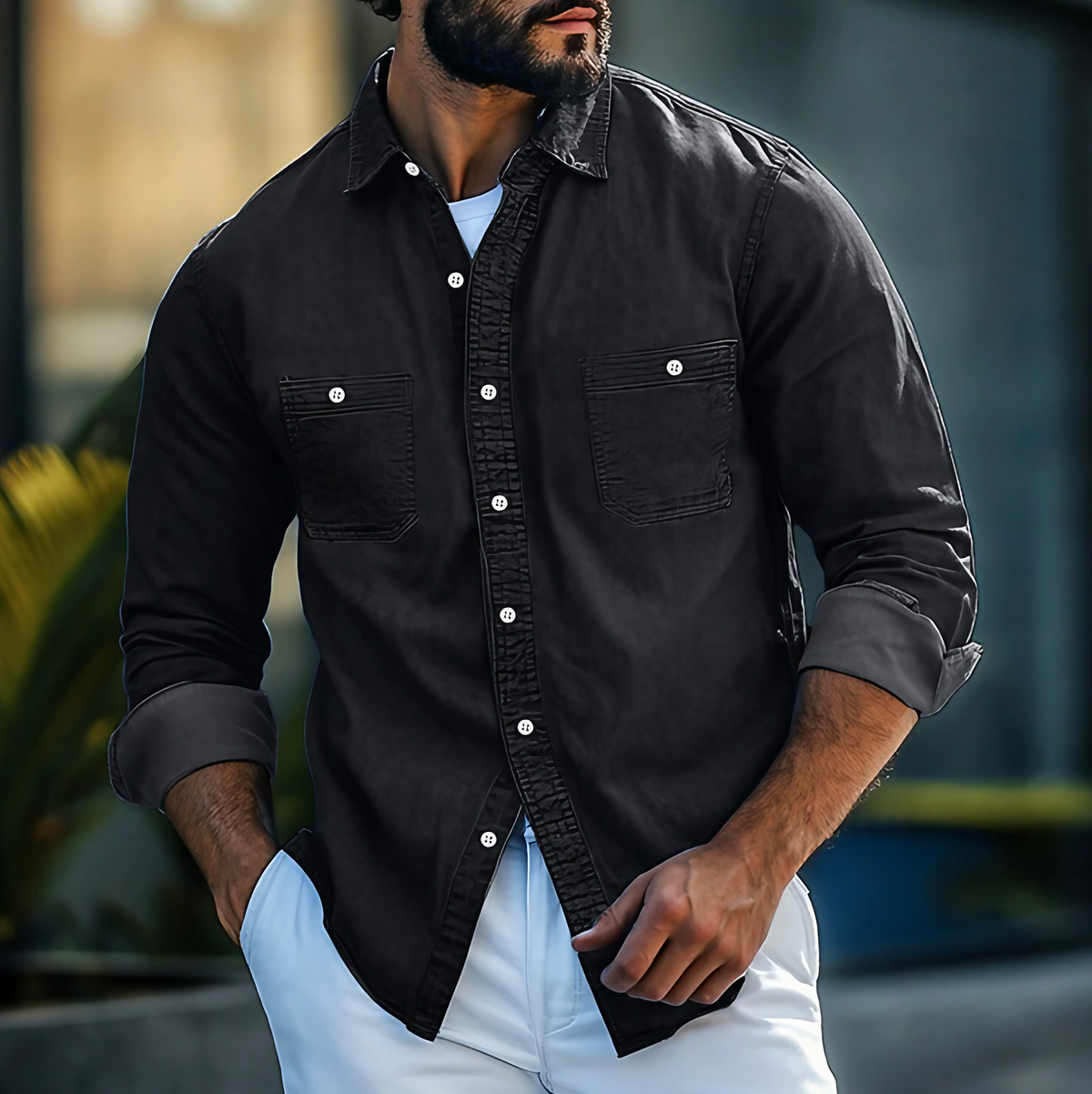 Chemise en jean homme à poches poitrine, quatre coloris, noir