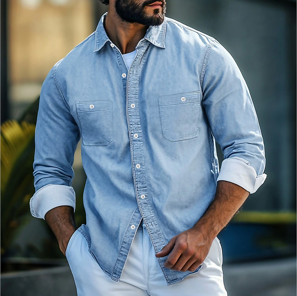 Chemise en jean homme à poches poitrine, quatre coloris, bleu