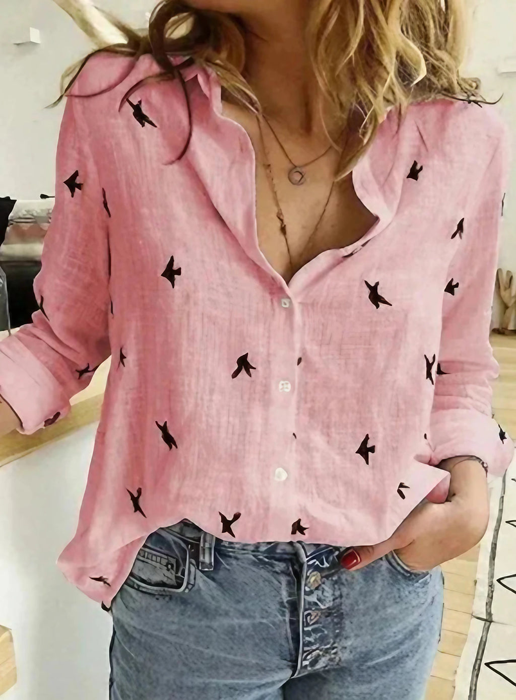 Chemise femme à manches longues, unie ou à pois, du S au 2XL, pois roses
