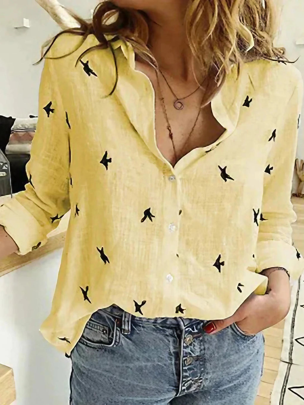 Chemise femme à manches longues, unie ou à pois, du S au 2XL, pois jaunes