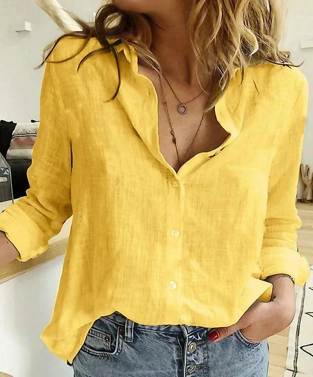 Chemise femme à manches longues, unie ou à pois, du S au 2XL, jaune