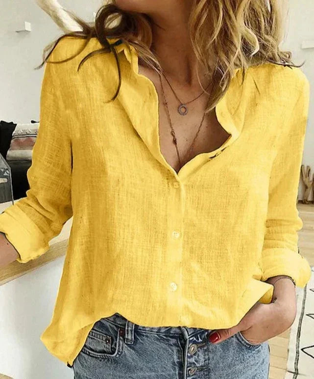 Chemise femme à manches longues, unie ou à pois, du S au 2XL, jaune