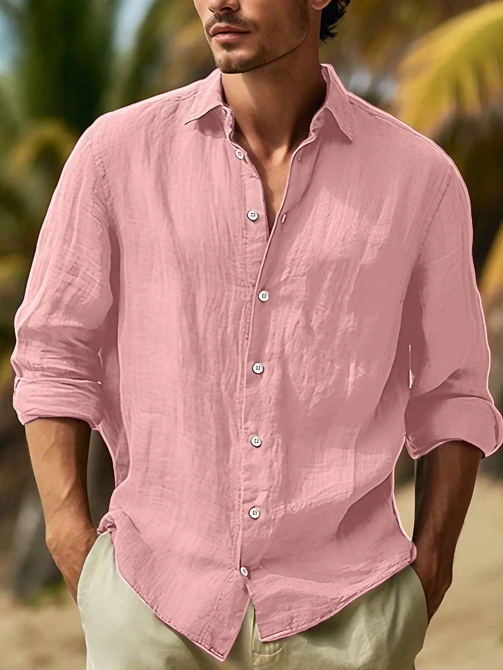 Chemise homme à manches longues, neuf coloris, du S au 3XL, rose
