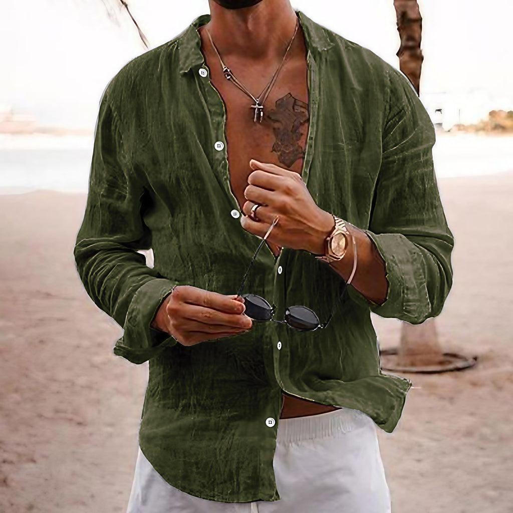 Chemise unie homme à col classique, coupe décontractée, vert armée