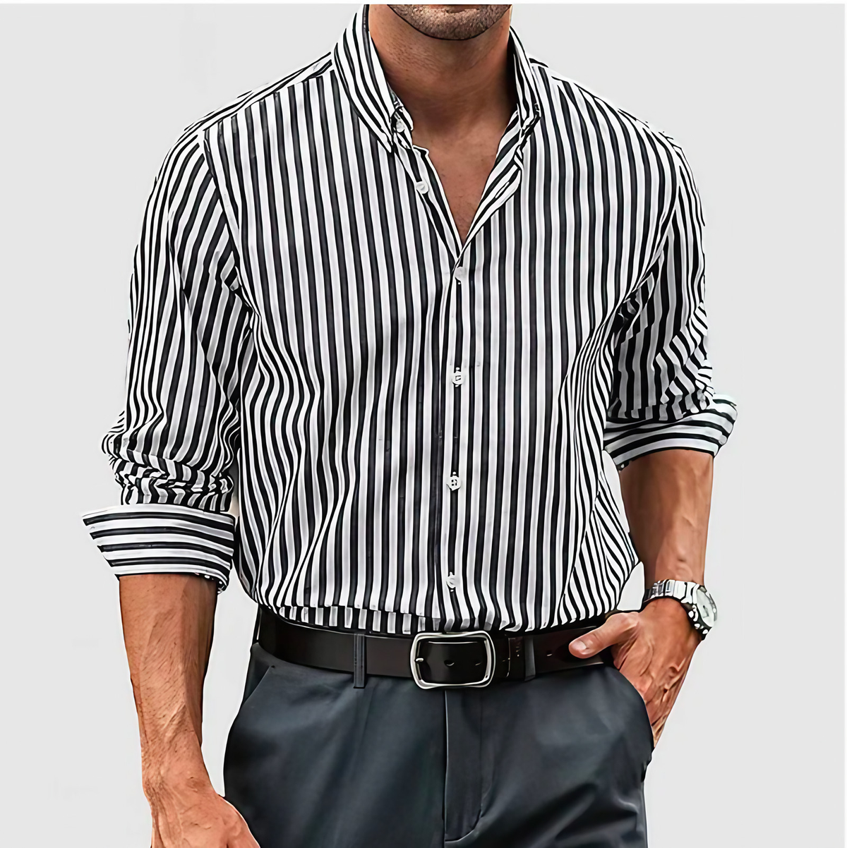 Chemise rayée homme à manches longues, quatre coloris, noir