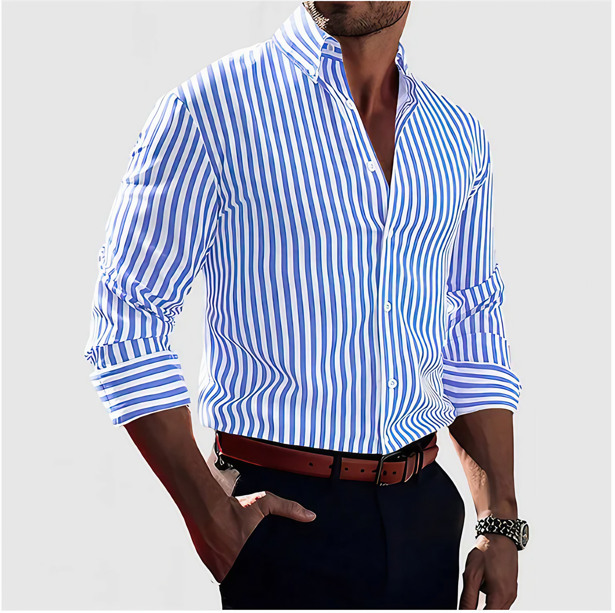 Chemise rayée homme à manches longues, quatre coloris, bleu clair