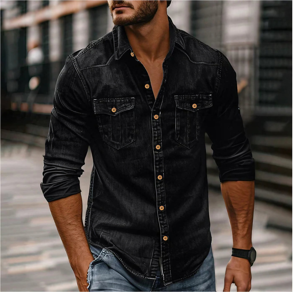 Chemise en jean homme coupe slim, boutons-pression, style western, noir