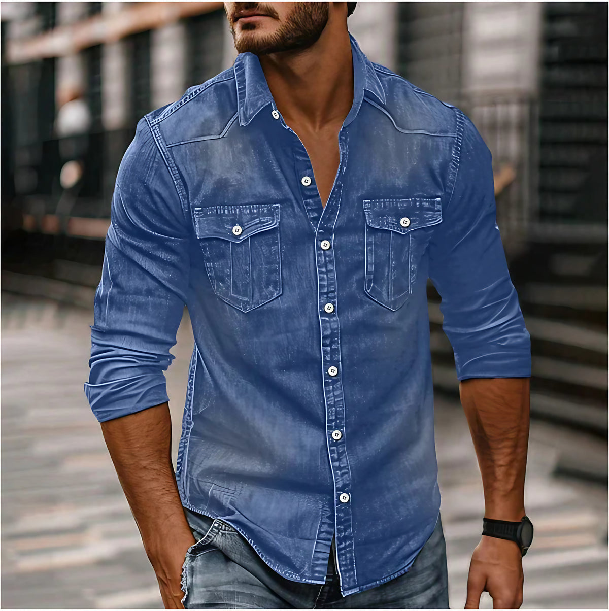 Chemise en jean homme coupe slim, boutons-pression, style western, bleu