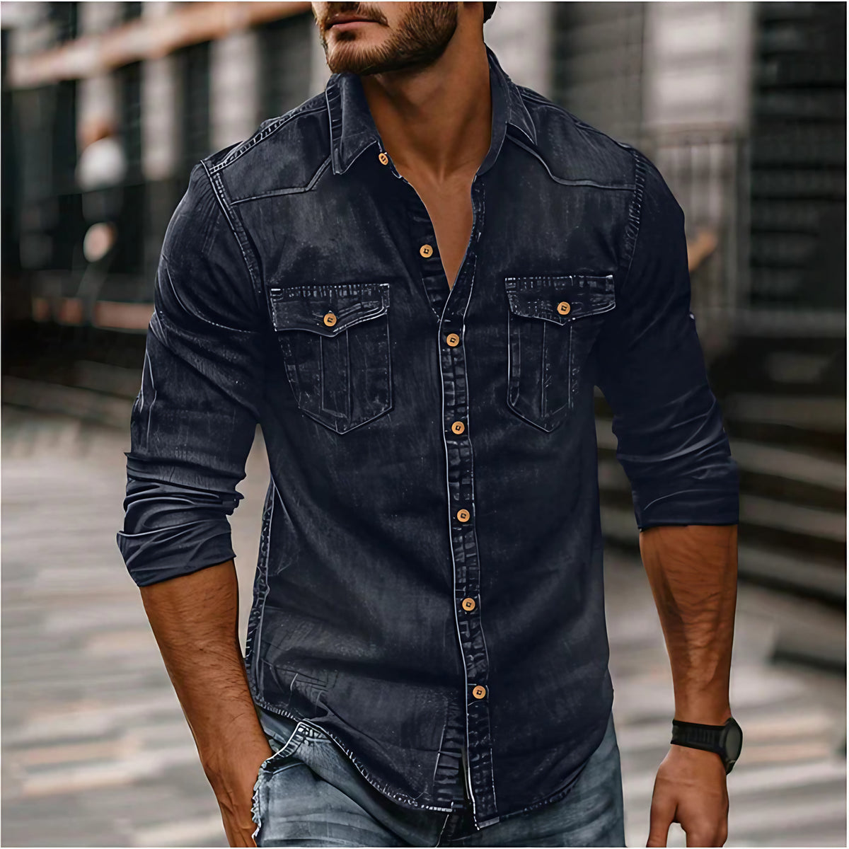 Chemise en jean homme coupe slim, boutons-pression, style western, bleu foncé