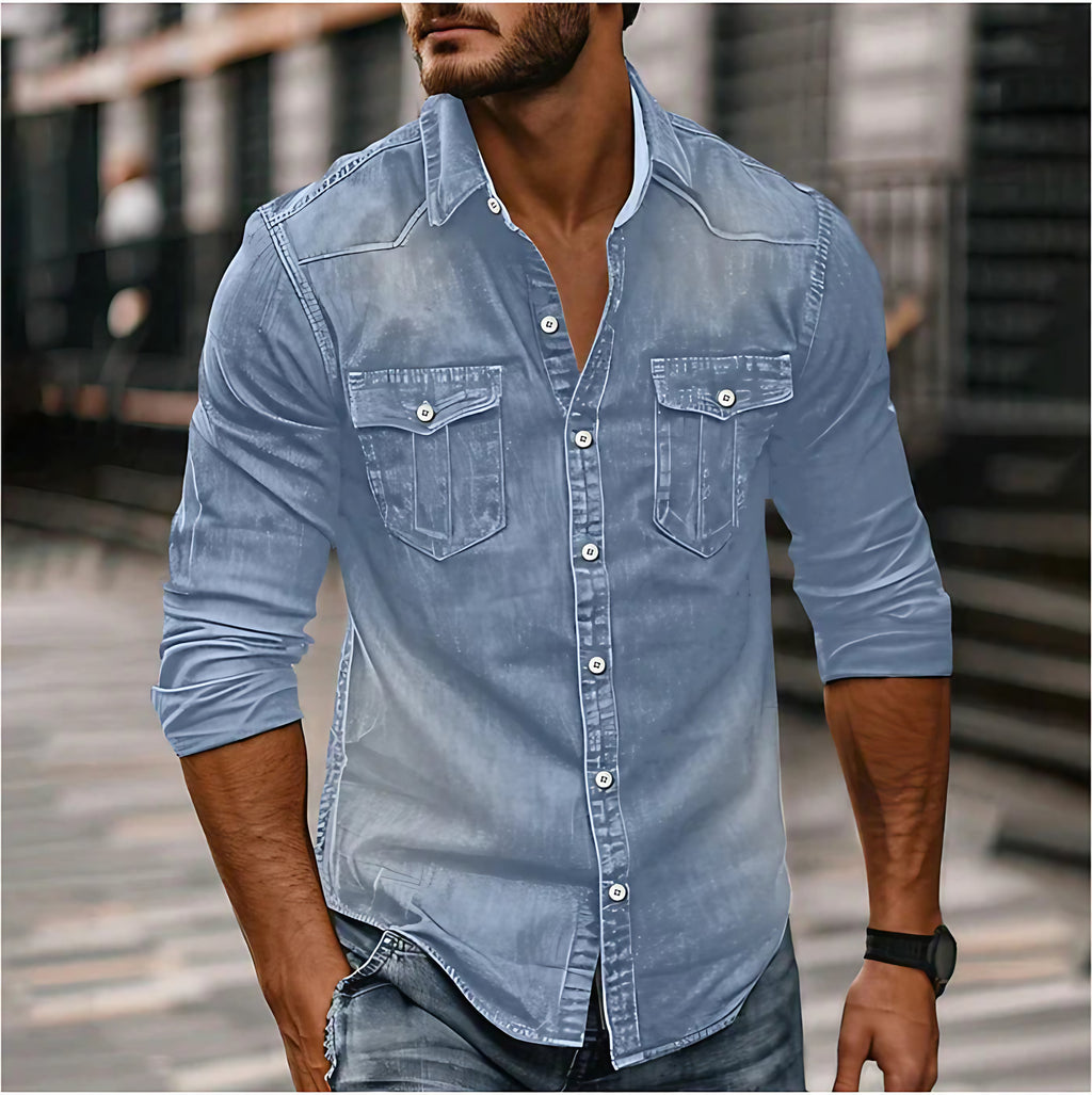 Chemise en jean homme coupe slim, boutons-pression, style western, bleu clair