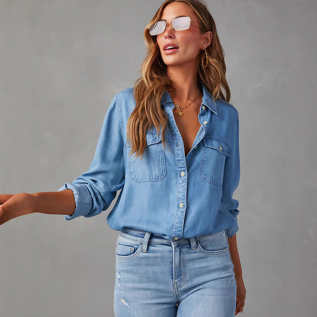 Chemise en jean femme à deux poches poitrine, du S au 2XL, bleu foncé