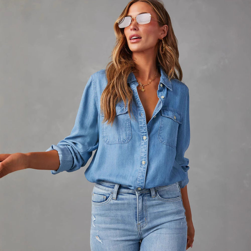 Chemise en jean femme à deux poches poitrine, du S au 2XL, bleu foncé