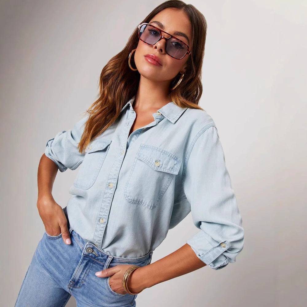 Chemise en jean femme à deux poches poitrine, du S au 2XL, bleu clair