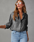 Chemise en jean femme à deux poches poitrine, du S au 2XL, gris foncé