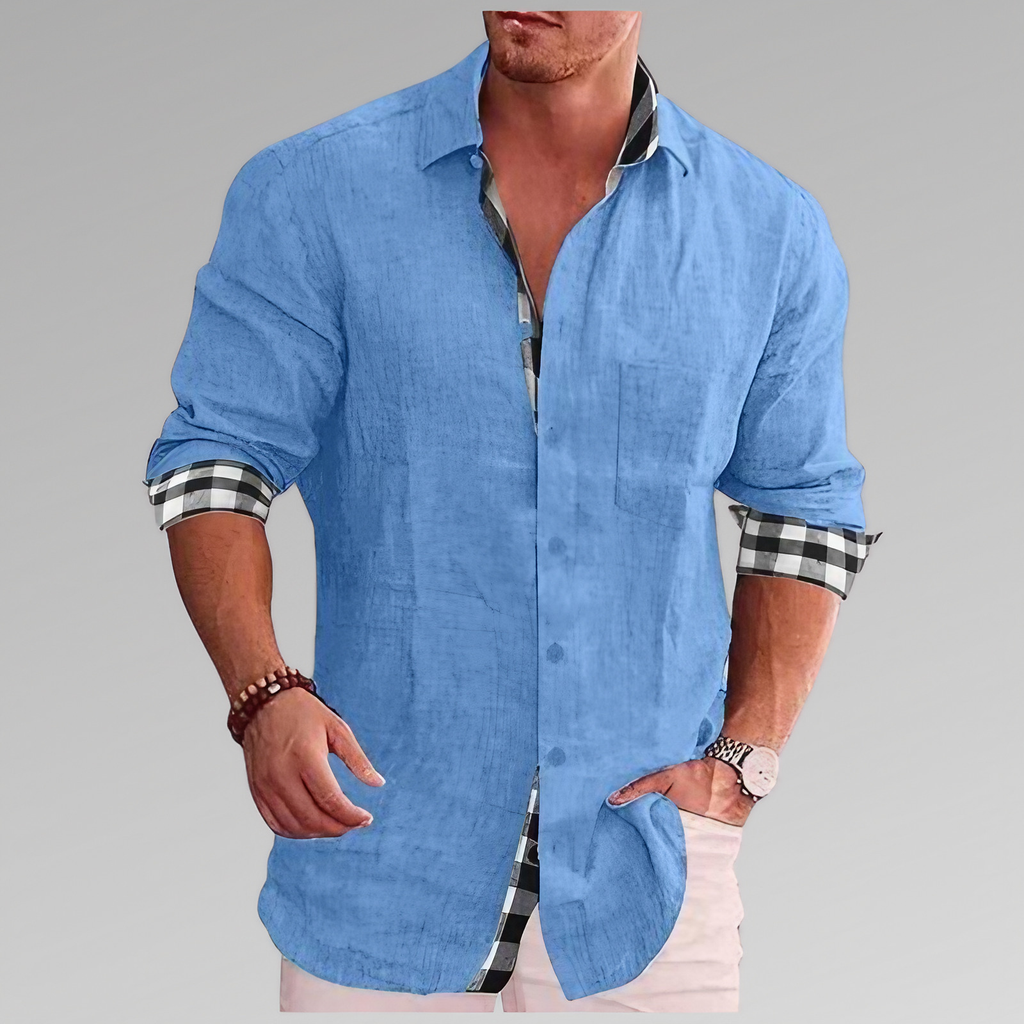 Chemise d'été homme, détails à carreaux au col et aux poignets, bleu