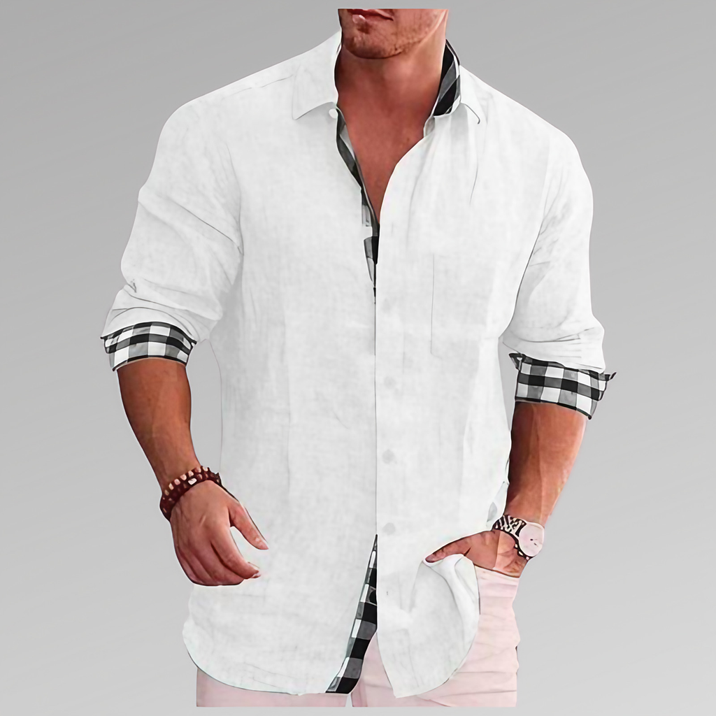 Chemise d'été homme, détails à carreaux au col et aux poignets, blanc