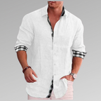 Chemise d'été homme, détails à carreaux au col et aux poignets, blanc