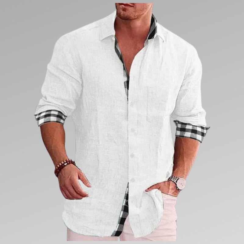 Chemise d'été homme, détails à carreaux au col et aux poignets, blanc