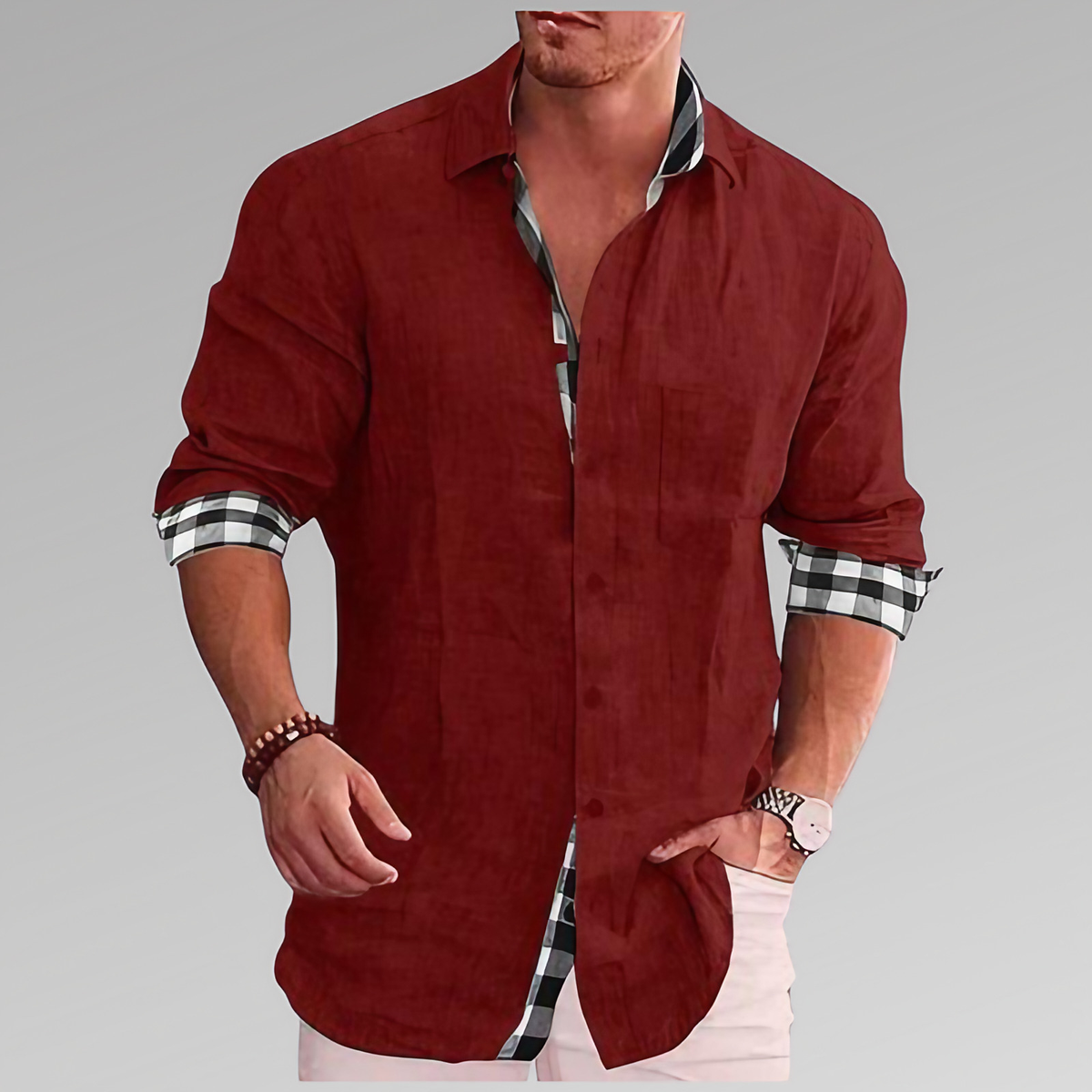 Chemise d'été homme, détails à carreaux au col et aux poignets, rouge