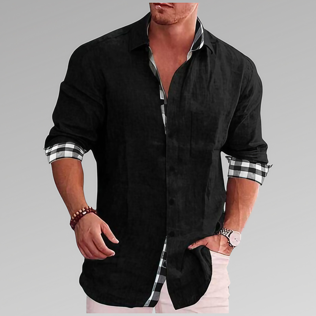 Chemise d'été homme, détails à carreaux au col et aux poignets, noir