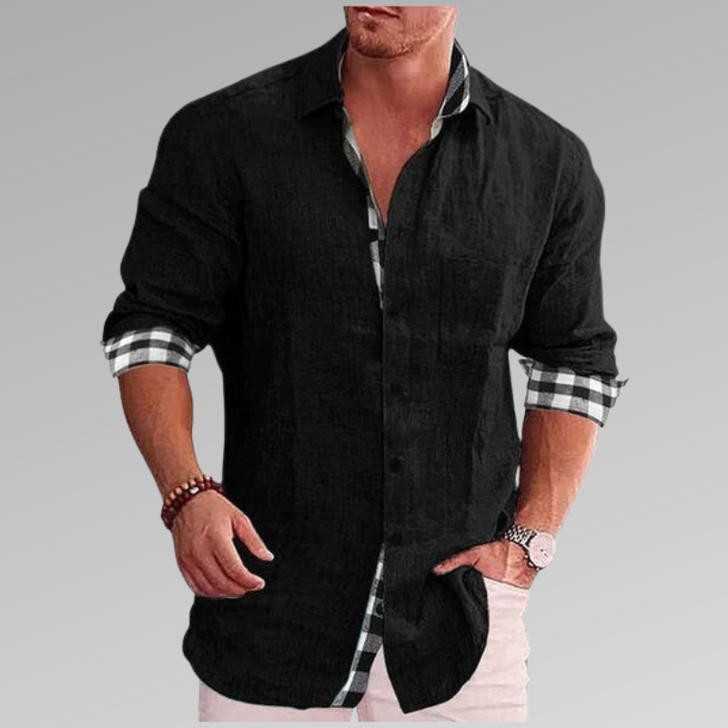 Chemise d'été homme, détails à carreaux au col et aux poignets, noir