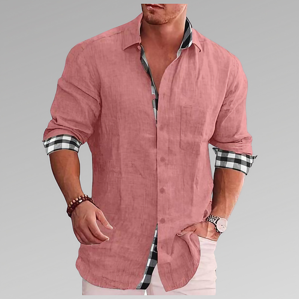 Chemise d'été homme, détails à carreaux au col et aux poignets, rose