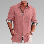 Chemise d'été homme, détails à carreaux au col et aux poignets, rose