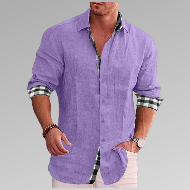 Chemise d'été homme, détails à carreaux au col et aux poignets, violet