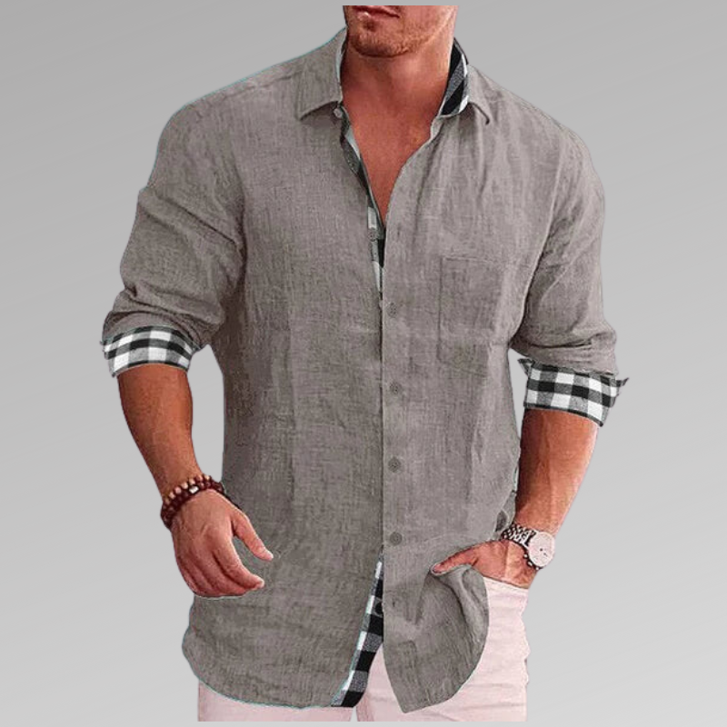 Chemise d'été homme, détails à carreaux au col et aux poignets, gris