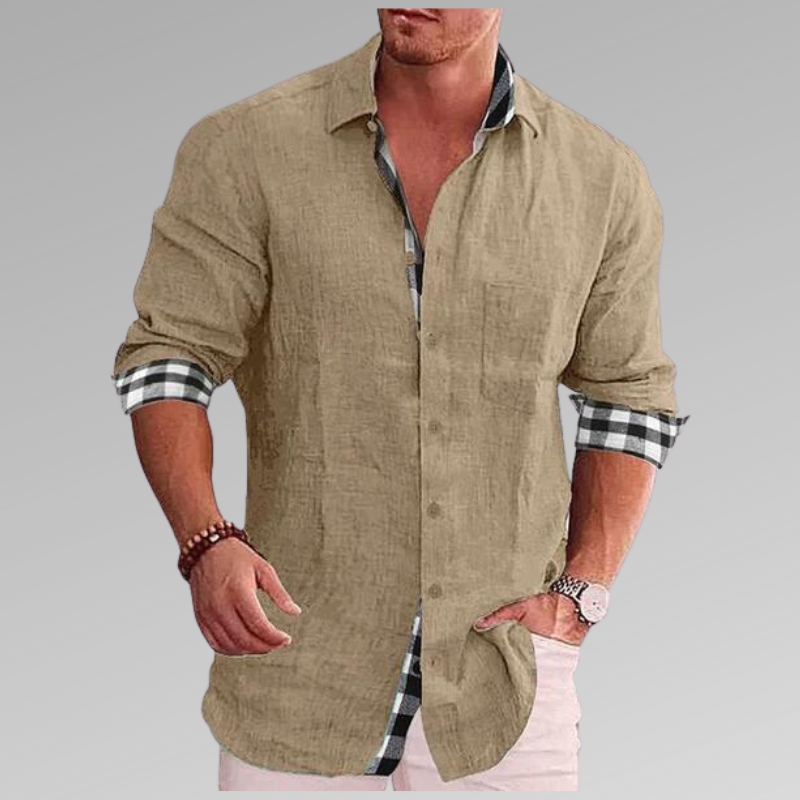 Chemise d'été homme, détails à carreaux au col et aux poignets, kaki