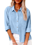 Chemise femme manches longues à poche poitrine, du S au 5XL, bleu clair