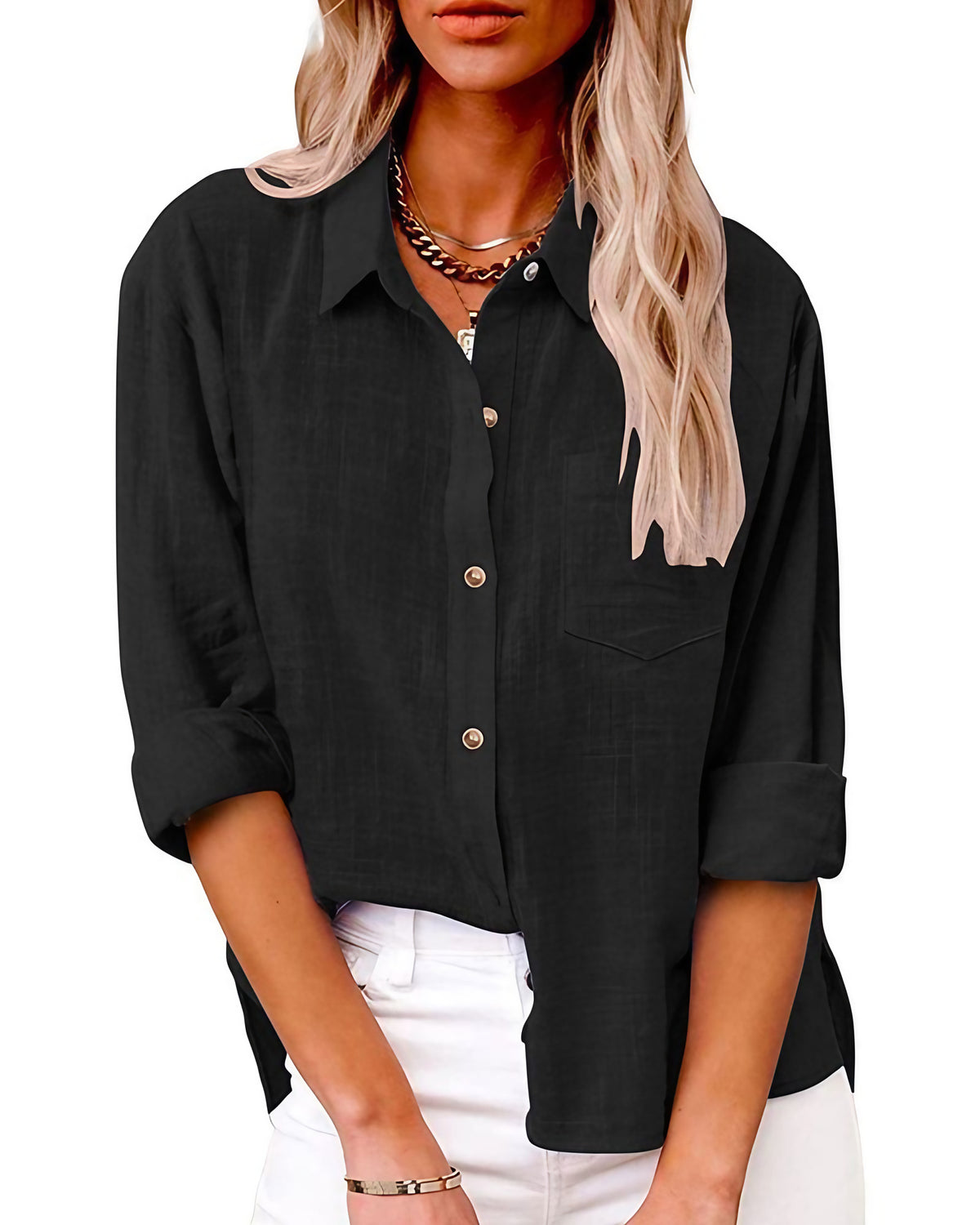 Chemise femme manches longues à poche poitrine, du S au 5XL, noir