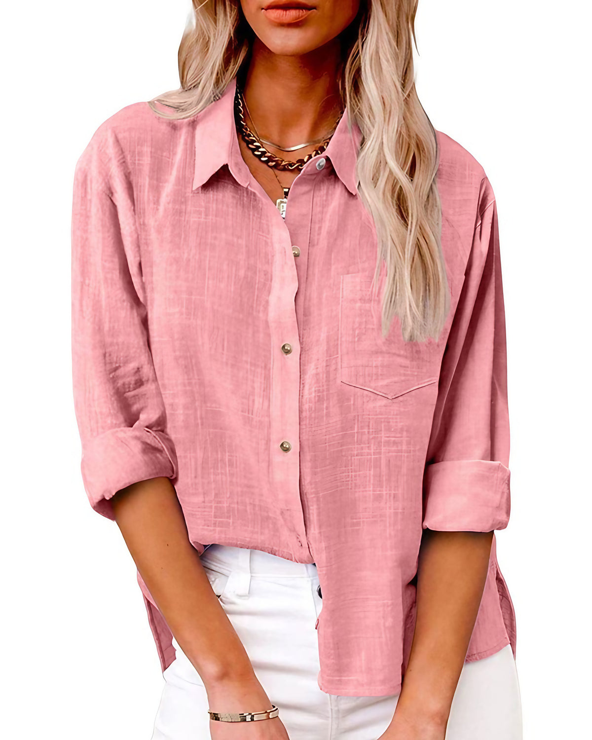 Chemise femme manches longues à poche poitrine, du S au 5XL, rose