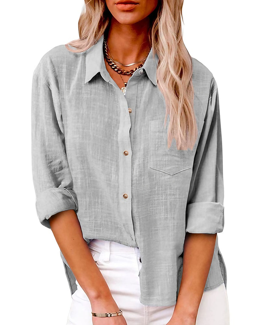 Chemise femme manches longues à poche poitrine, du S au 5XL, gris