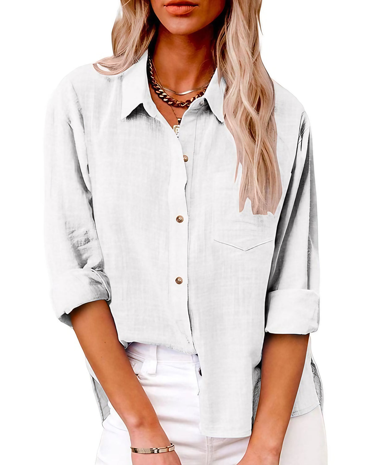 Chemise femme manches longues à poche poitrine, du S au 5XL, blanc