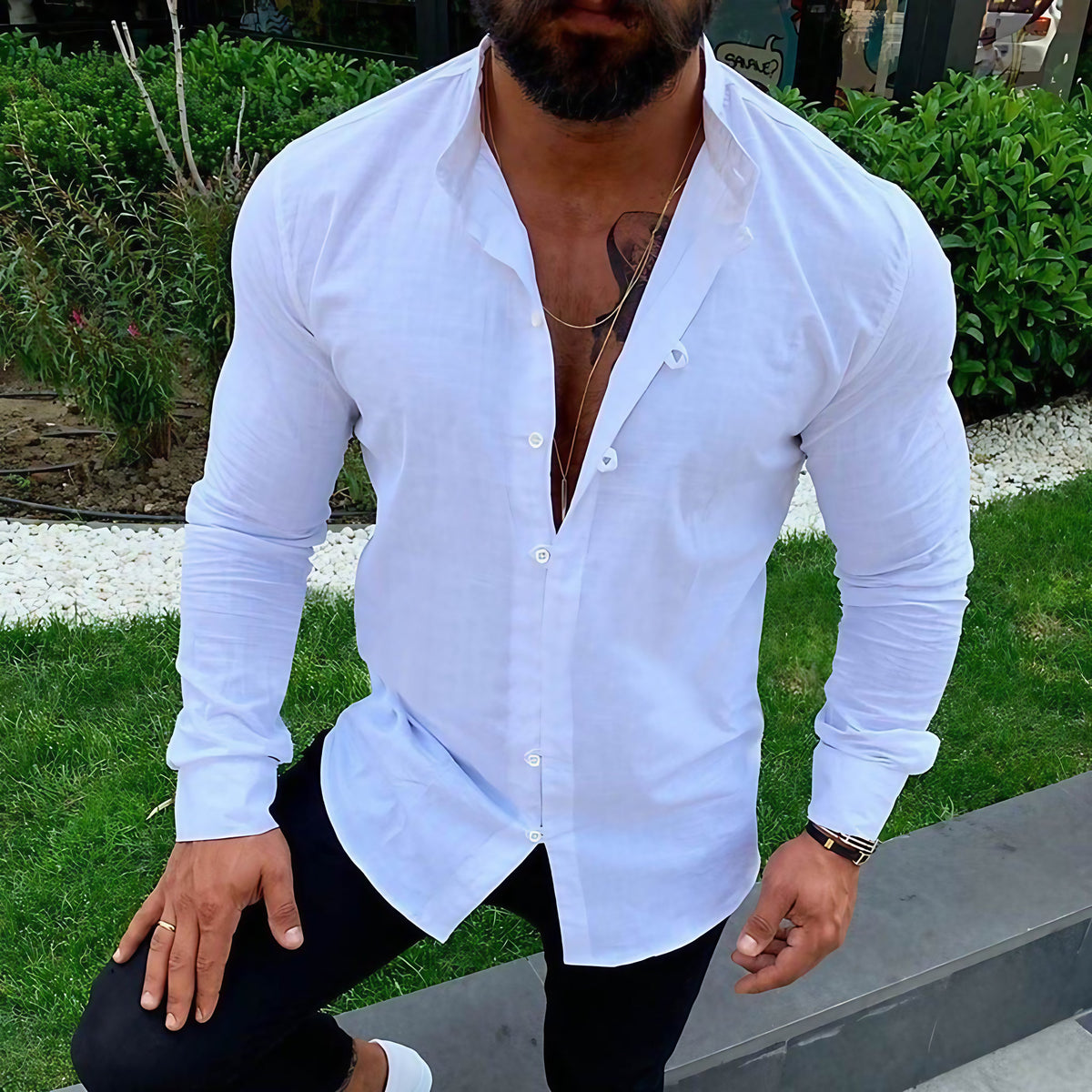 Chemise homme manches longues, col classique, coupe ajustée, blanc