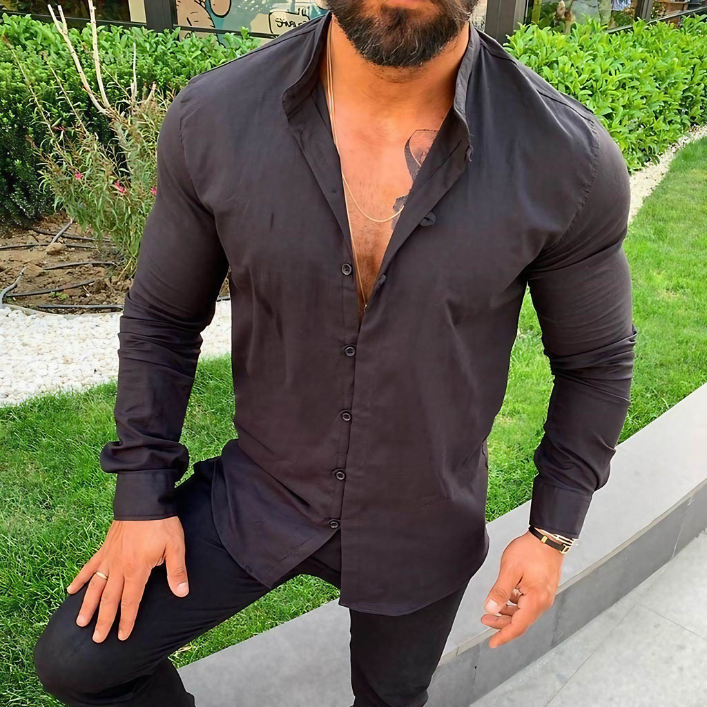 Chemise homme manches longues, col classique, coupe ajustée, noir
