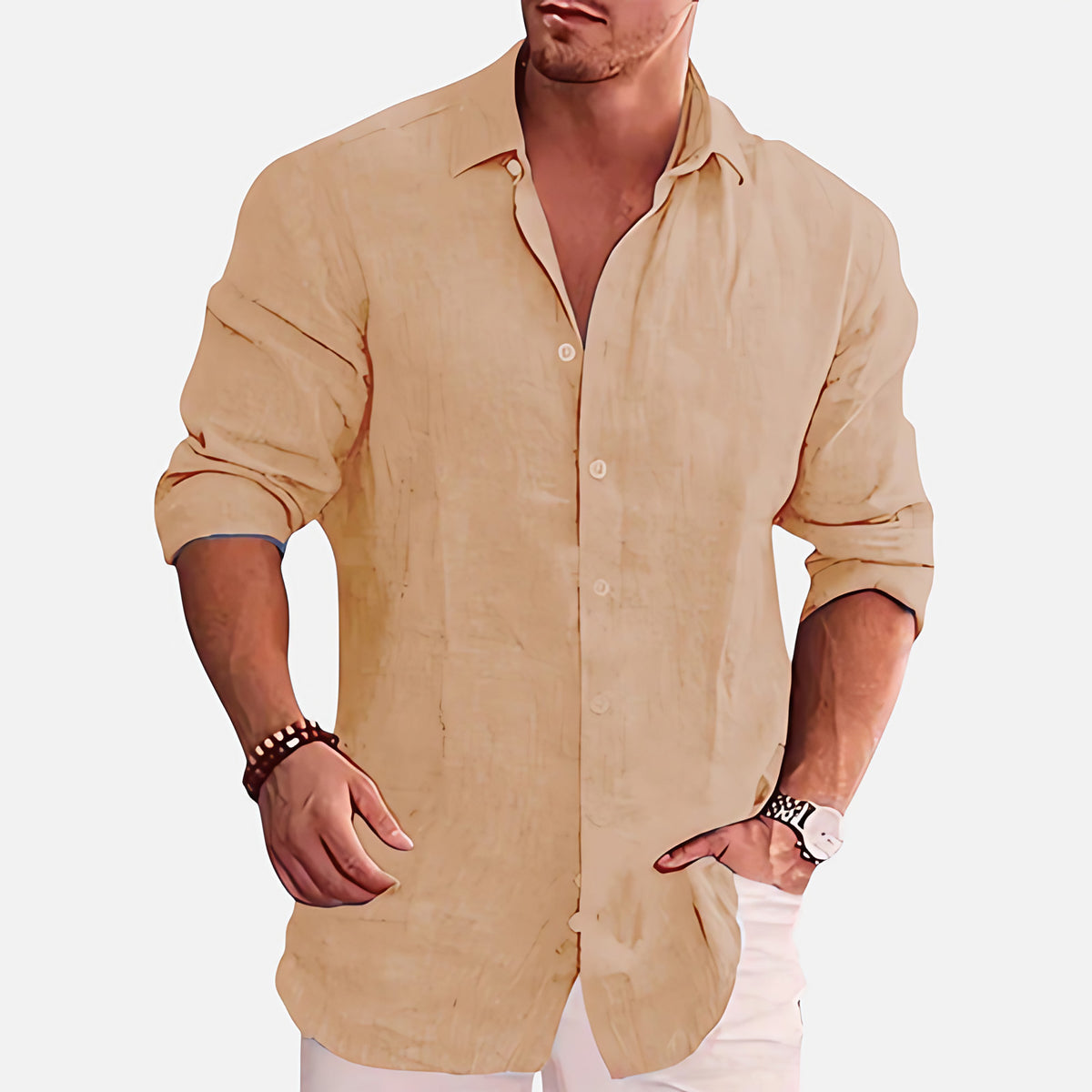 Chemise homme manches longues légère, coupe décontractée, kaki