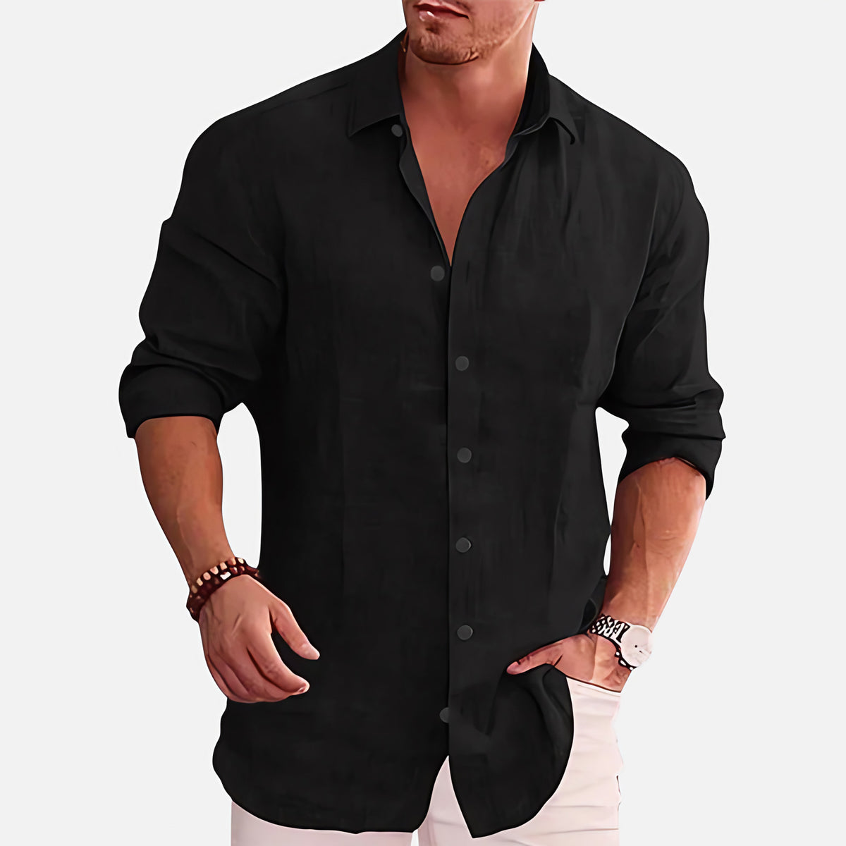 Chemise homme manches longues légère, coupe décontractée, noir