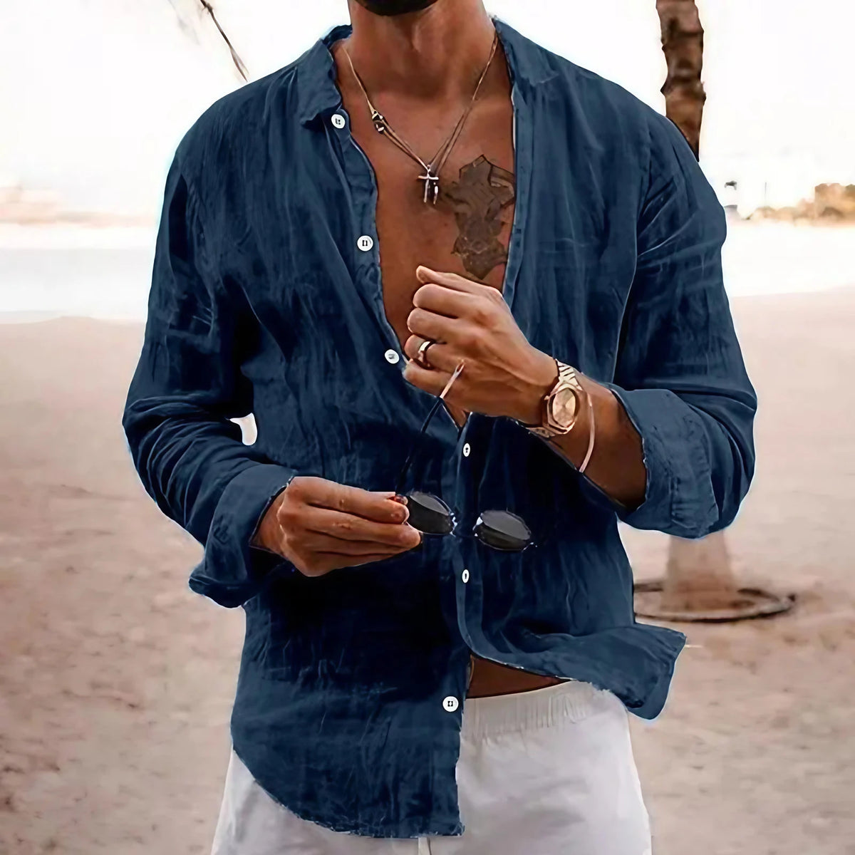 Chemise homme coupe ample, couleur unie, sept coloris, bleu marine
