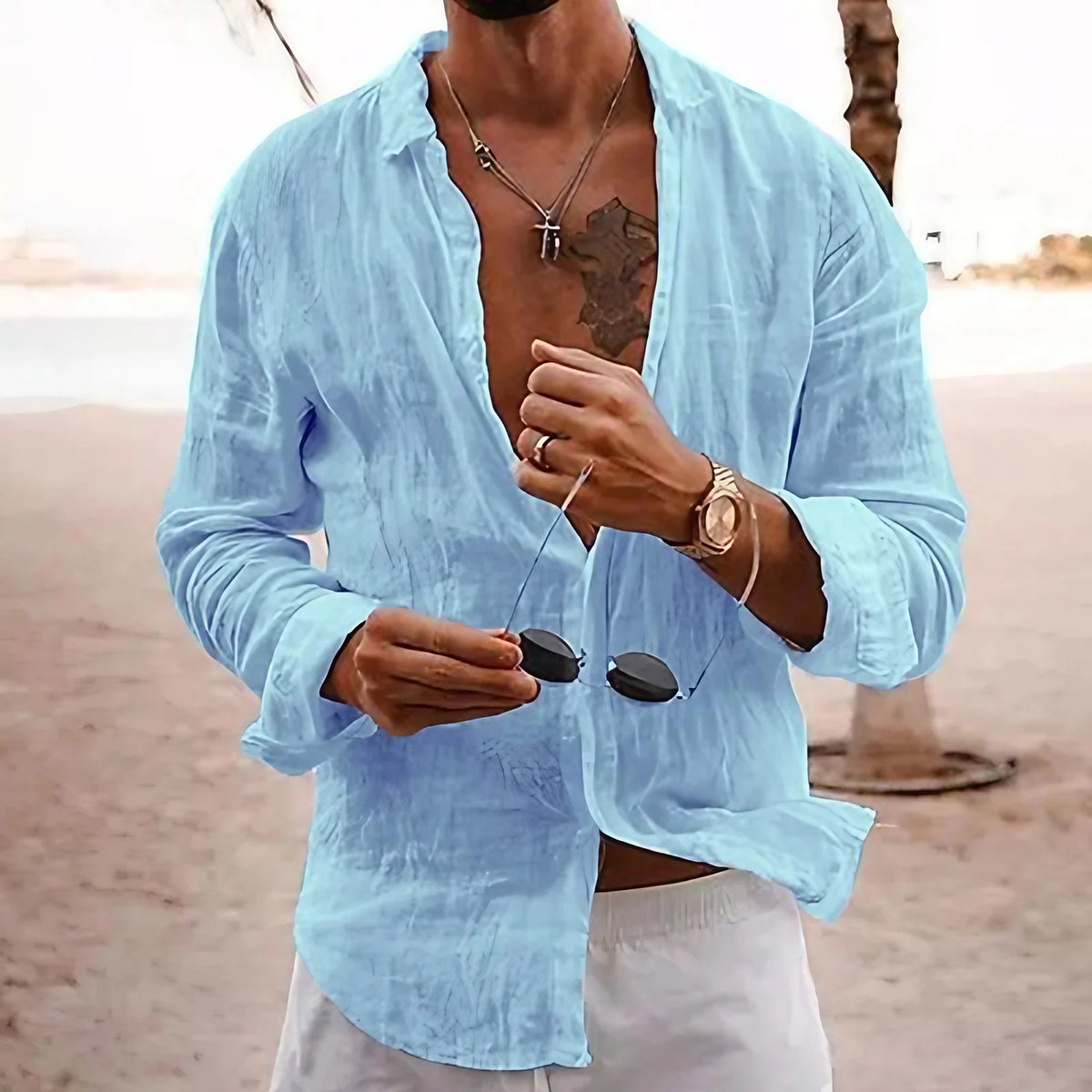 Chemise homme coupe ample, couleur unie, sept coloris, bleu ciel