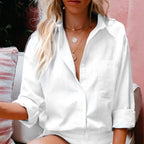 Chemise femme ample à col montant et manches longues, six coloris, blanc