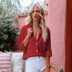 Chemise femme ample à col montant et manches longues, six coloris, rouge