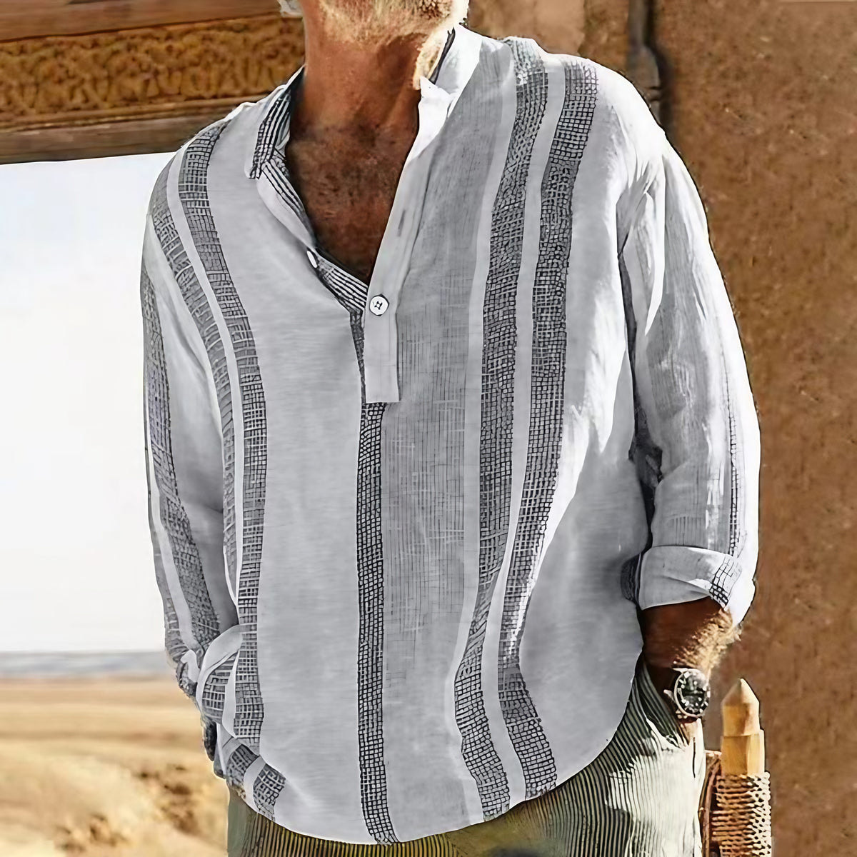 Chemise homme rayée à col grand-père, kaki ou gris, gris